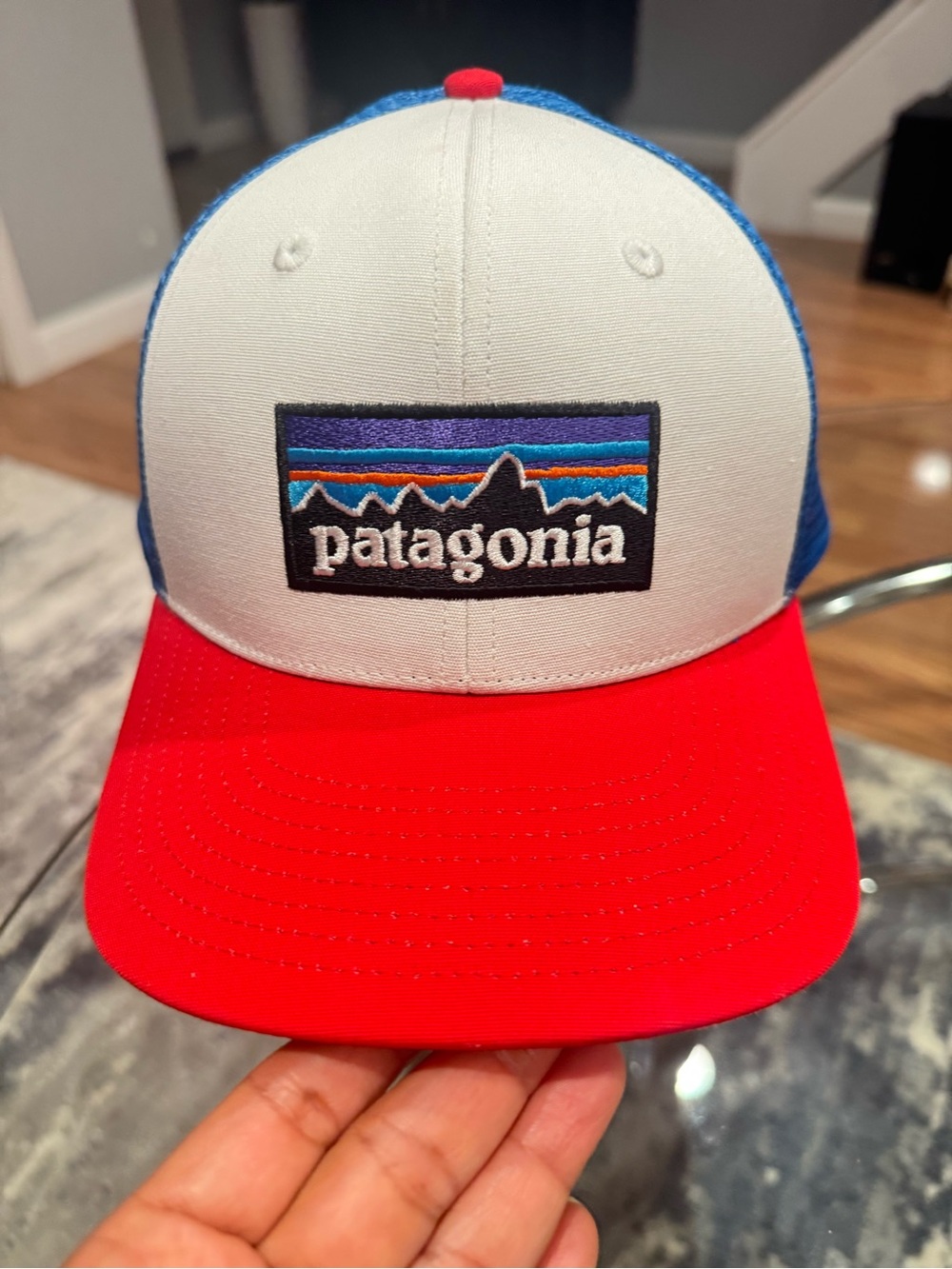 Patagonia Kids Trucker Hat - Red, White & Blue with Mountain Logo